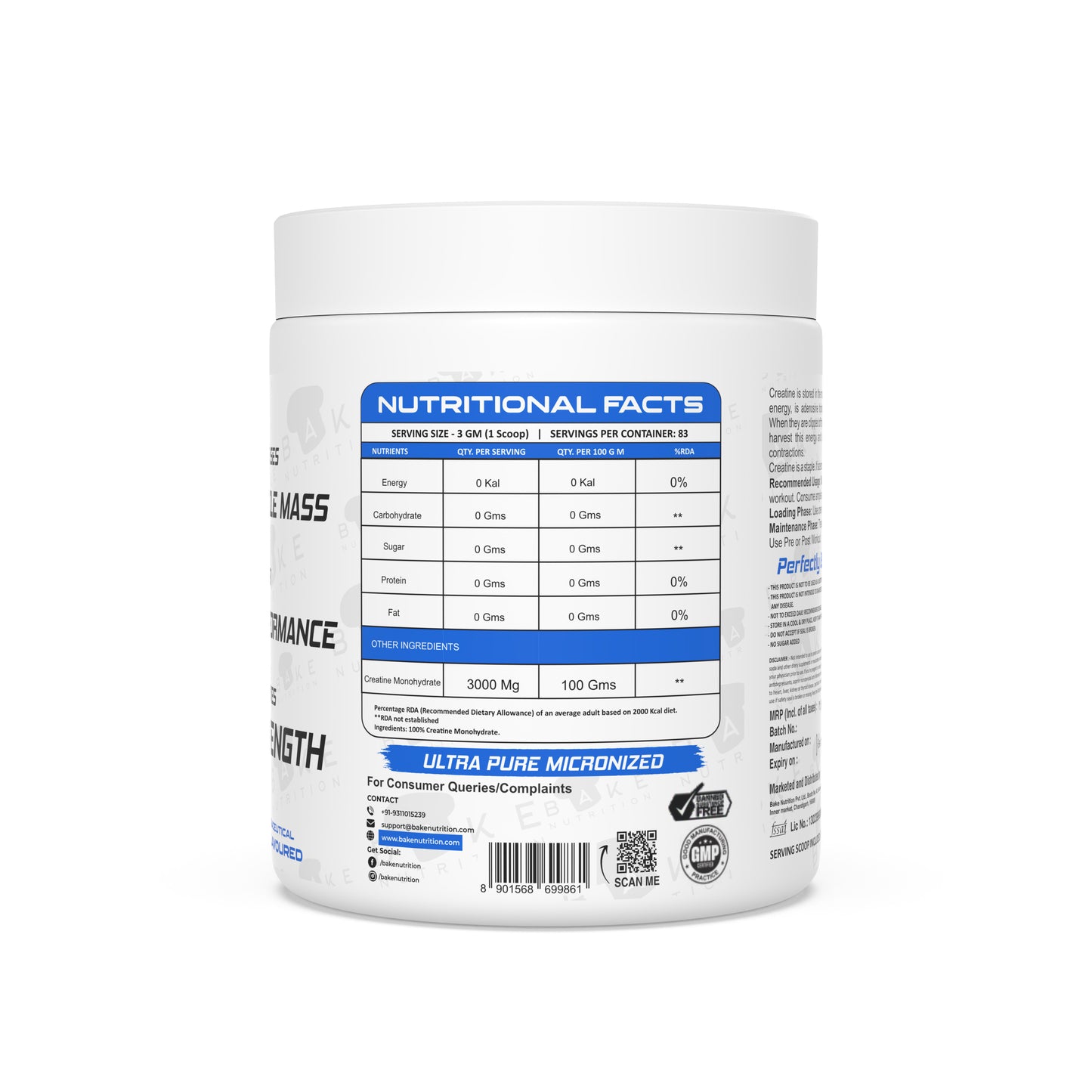 BAKE NUTRITION CREATINE MONOHYDRATE | UNFLAVOURED | ULTRA PURE MICRONIZED | PURITY GUARANTEED