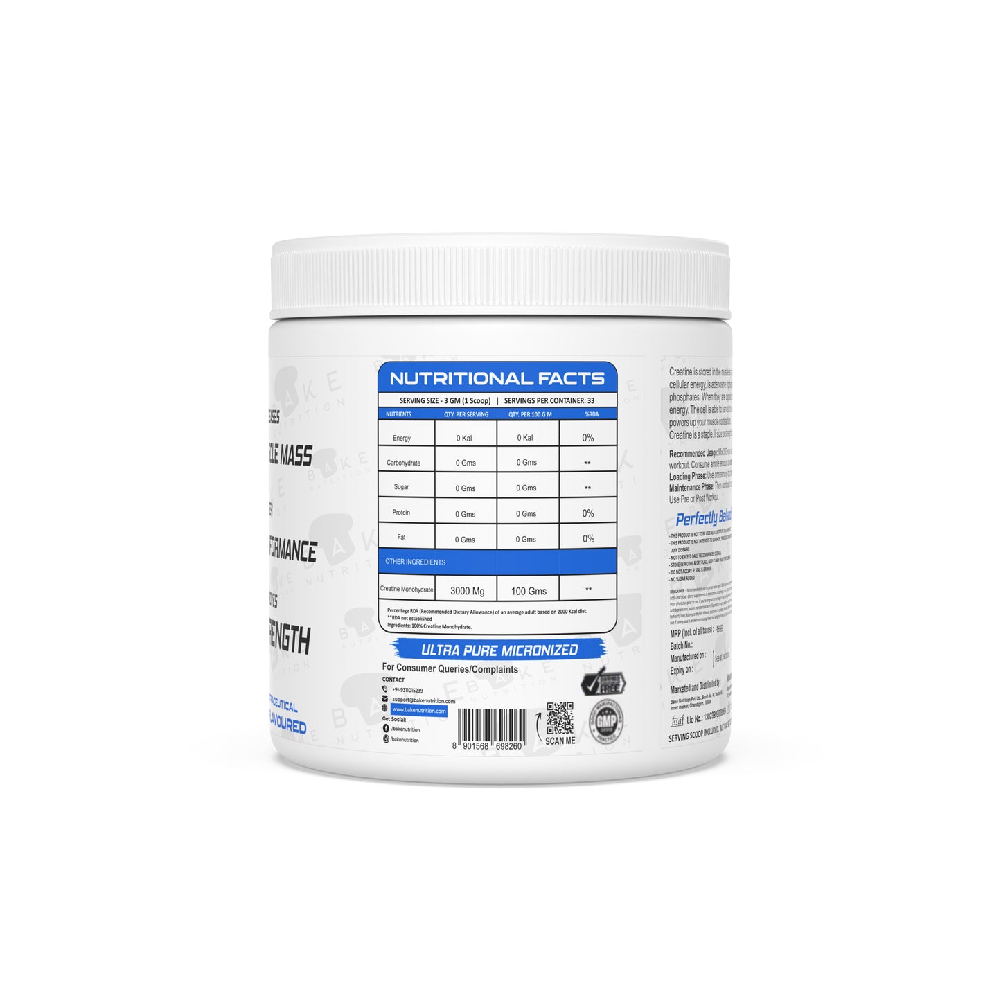 BAKE NUTRITION CREATINE MONOHYDRATE | UNFLAVOURED | ULTRA PURE MICRONIZED | PURITY GUARANTEED